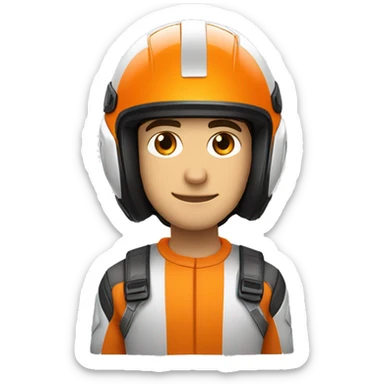 Un jeune homme au teint humain portant un casque de moto de couleur orange et blanc avec la vitre ouverte sticker