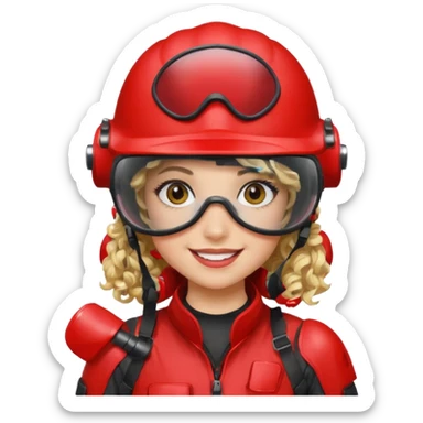 blond curly girl playing paintball with red paintball helmet with eye protection, only face sticker