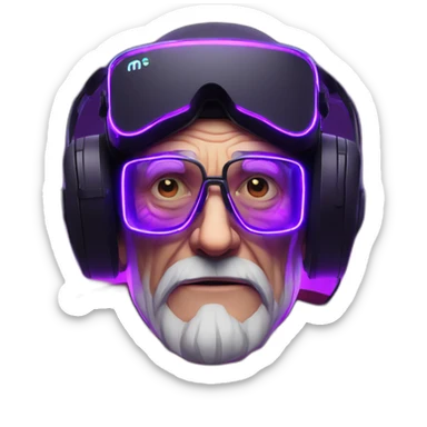 Russian old man wearing a black hoodie with "OMG" letters on it and VR headset in a cyberpunk VR environment with violet neon lighting. sticker
