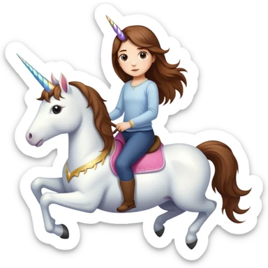 short girl with long brown hair riding a unicorn sticker