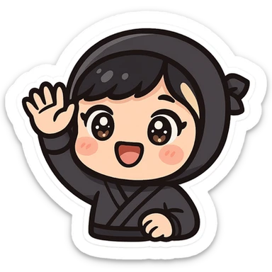 Super cute kawaii chibi style ninja girl with big sparkling eyes, round face, soft colors, playful charm, black short hair with a blonde streak, only head and arms visible, bold outlines, no mask, hand fully raised waving upward, smiling, sized for Twitch emoji use. sticker