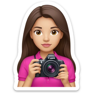 latin girl photographer with long brunette hair hot pink polo shirt and Canon camera sticker