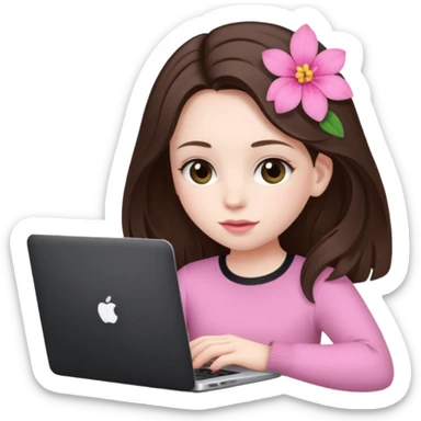 a girl with brunette hair and a pink flower clip in her hair working on a laptop sticker