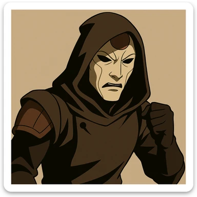 Create more variations of Amon from The Legend of Korra, masked and hooded, in a dramatic and shadowy cartoon style with different poses and expressions, keeping the same flat toon style as the reference image. sticker
