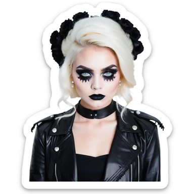 Chucky's bride with black lipstick, black dress, leather jacket, and smoky eye makeup sticker