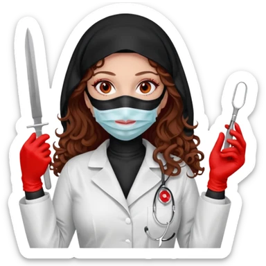 


Scary woman scalpel in hand, evil surgeon sexy surgeon clothes.  She has redcolored  eyes. Her  hair only is free ne brown long curly hair. Wears sexy doctor outfit with red gloves. make her wear full Muslim burka to mask and nose mouth mask  to hide. Wears white surgeon coat, wears  stilettos sticker