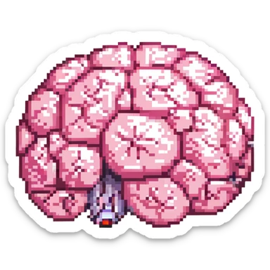 16-bit pixel art of a pink brain-shaped blob, smooth rounded brain texture, simple retro gaming style sticker