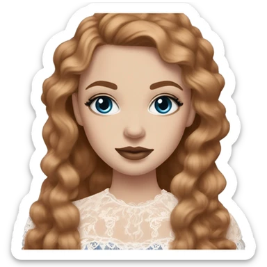 White girl with long hair a mix between dark ginger and dark blonde. Blue eyes long eyelashes rose cheeks and nude lipstick and bold eyeliner. Wearing frilly blouse with puff sleeves and lace sticker