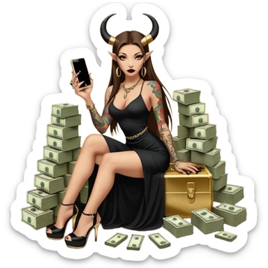 Sensual seductress long brown straight haired sexy drug lord woman with tattoos on arm sleeves and black gold platform high heels on her feet,  and devil black horns on her head, holding a stack of cash, has a phone in other hand. Sitting on gold cases full of drugs, long black dress with sexy slit sticker