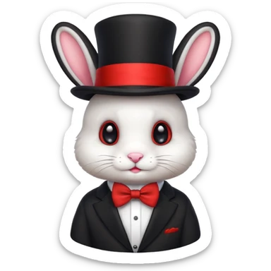 Cute emoji-style white bunny wearing a black top hat with a red band and a red bow tie, big round eyes, fluffy fur, clean mascot style, centered, transparent background, 1:1 ratio. sticker