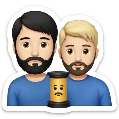 Man with long black hair tied in a spool and beard with a young short-haired blond without a beard sticker
