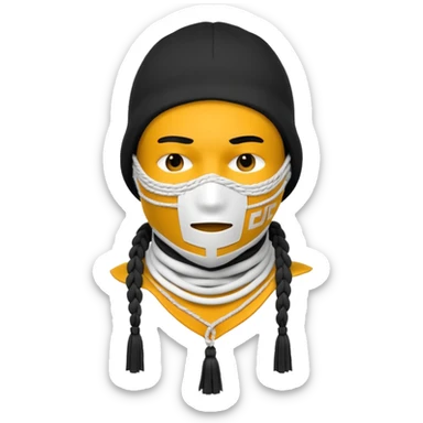 Ultra-detailed studio shot of a post-apocalyptic off-white balaclava — deconstructed, frayed, layered, with braided rope tassels and subtle embroidery. Minimalist white background, soft lighting, sharp focus. High-fashion streetwear aesthetic. sticker