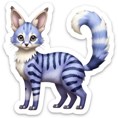  Realistic dull gloomy-dark-deep-grayish-indigo-violet-gradients fur with random markings beautiful elegant pretty precious cute  Fakémon-Pokémon-opossum-feline-serval-caracal-chinchilla-Minccino-hybrid-creature with a big fluffy bushy striped tail (full body) sticker