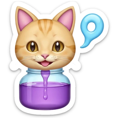 Smiling bottle of oil light purple top and light blue sticking tongue out and with cat ears sticker
