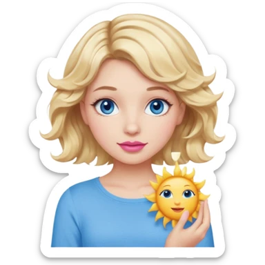 Girl Blonde short wavy hair,  blue eyes, cute blue top, long lashes, pink lips, holding the one sun   sticker