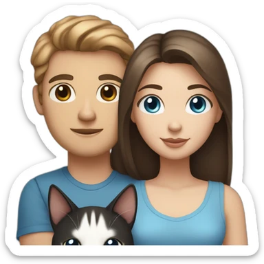 a dark-haired white man with brown eyes and a girl with light brown hair and blue eyes are holding hands and black and white cat and gray sticker
