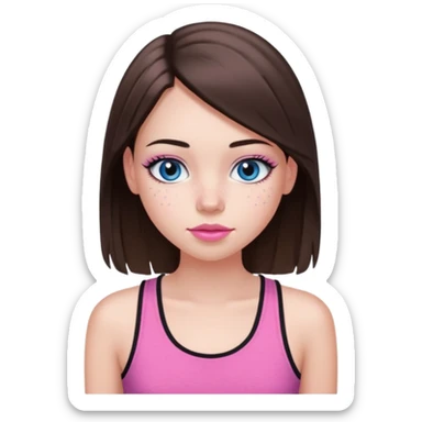 Create a teenage girl with long and straight brunette hair, light skin, light freckles, and blue-grey eyes. She will have pink lips and long black eyelashes. She will be wearing a pink tank top. sticker