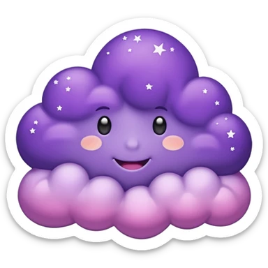 I want a purple cloud that's not like this one ☁️ but has a realistic shape without changing its appearance. The cloud should have a slightly white shaded part and should be starry but still purple/pink. sticker