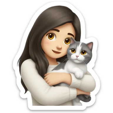 a girl with long dark brown hair, in a white sweater, hugs a Scottish fold grey and white one cat. sticker