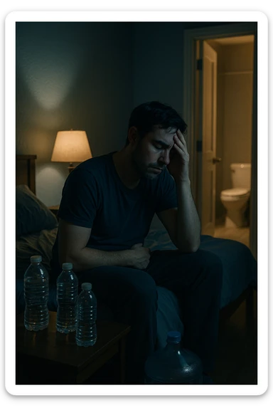 A cinematic scene of a man in his 30s sitting on the edge of his bed at night, clearly tired and frustrated. On his nightstand are several empty water bottles and a large reusable water jug, suggesting excessive hydration. A dim lamp casts soft shadows in the room, and the door to the bathroom is open with light spilling out — symbolizing repeated nightly visits. The man holds his head in one hand, while the other rests on his abdomen, eyes heavy with fatigue. The atmosphere is quiet and introspective. Cool color grading with deep blues and pale yellows enhances the nighttime mood. Style: 35mm cinematic realism, with attention to emotional detail and ambient lighting sticker