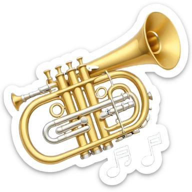 “Flat vector icon of a golden side-view trumpet with mouthpiece, bell, and three valves, thick outline, centered on a deep navy blue rounded-square (or circle); from the bell, 2–3 small white or light-blue music notes with dark outline emerge.  sticker