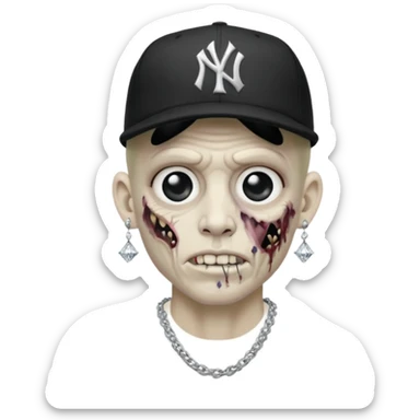 Zombie con aretes con una gorra new York yankee y una cadena de diamante hombre aretes pequeños y de negro y blanco  sticker