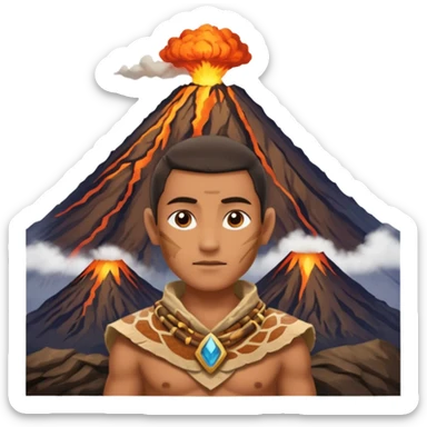 a avatar wearing ancient animal skin cloth with volcano behind, half body, icon sticker