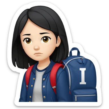 college student with annoyed face , black hair , with navy varsity jacket( initial I) and backpack , girl, long hair,  sticker
