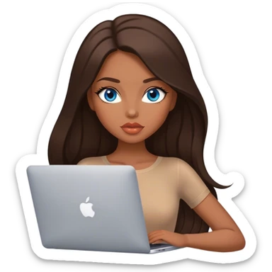 Glamours tanned very beautiful girl with big pump peach lips and dark chocolate straight smooth long hair, blue eyes in brown/beige bodysuit with MacBook sticker