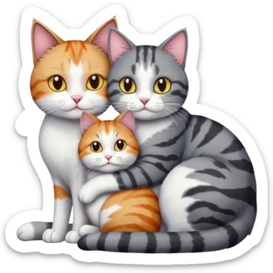full body colourful light patched calico + white tabby cat cuddling a bigger cat that is dark grey and white tabby cat  and they are in love sticker
