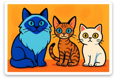 three cats in a row, drawn in a colorful cartoon style: a large blue point Birman male with blue eyes on the left, a small brown tabby Devon Rex female with pale blue eyes in the middle, and a small white British Shorthair female with yellow eyes on the right sticker