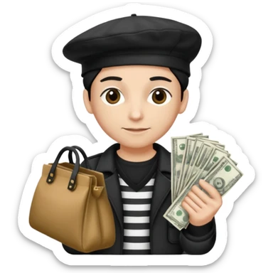 Crea un ladrón con camiseta a rallas blancas y negras con una boina y dos bolsas de dinero en las manos sticker