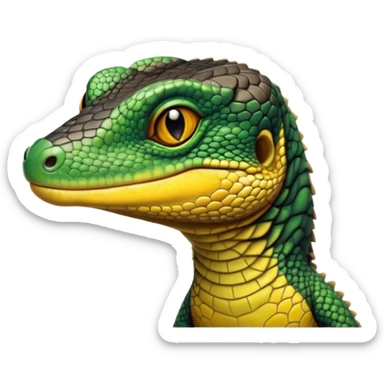 cinematic-realistic-cute-monitor-lizard-portrait-emoji,-head-tilted-playfully-and-inquisitively,-featuring-a-compact,-agile-body-with-finely-detailed,-glossy-scales-in-earthy-black and yellow-hues-and-a-distinct,-alert-face-with-bright,-curious-eyes, black , yellow spotted and green band  scales and a slender neck sticker