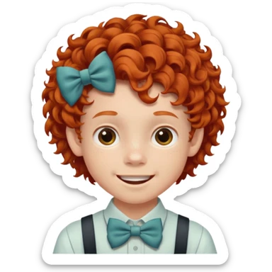 redhead kid with unique face features and very curly hair kid boy happy and braces on teeth, wearing a bow on head on hair just one bow sticker