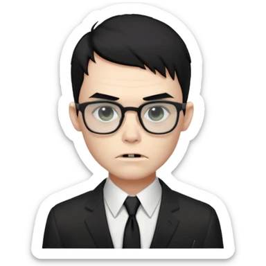 zombie boy black hair e cabelo curto quase careca com camisa social branca e gravata preta, com oculos de grau quadrado sticker