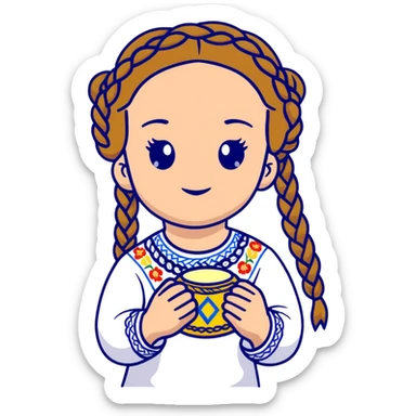 Young Ukrainian girl with braided hair in white traditional embroidered Ukrainian vyshyvanka shirt holding a small glowing light representing the soul sticker