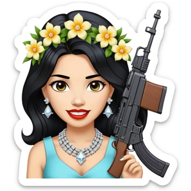 A beautiful woman with flowers in her hair, holding an AK-47 and has diamond grills in her teeth and big diamond chain on her neck that says icy and big diamond earrings and black hair sticker