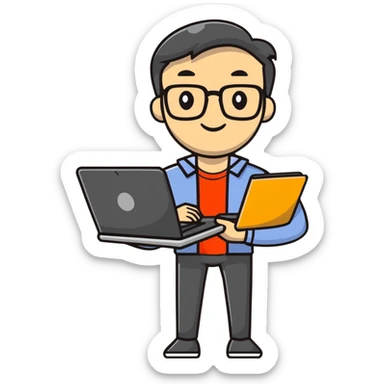 full body male teacher with attractive handsome face in casual clothes holding a laptop sticker