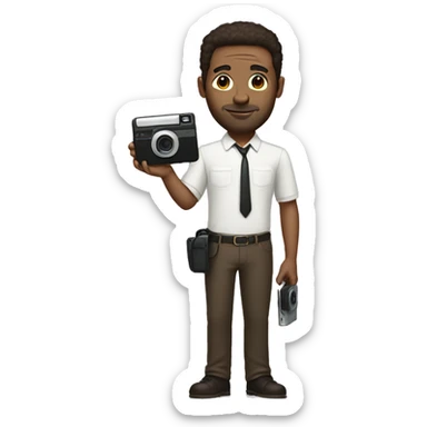 tall white man with dark brown hair holding a polaroid camera sticker