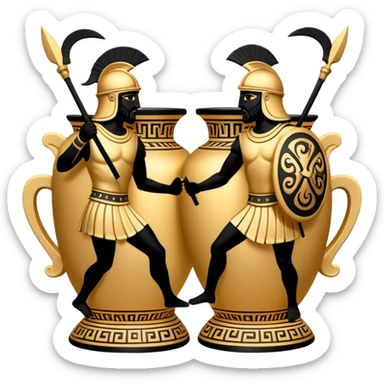 Cinematic-realistic Grecian urn, an exquisite black-figure pottery masterpiece resting in the dim glow of an ancient temple. Intricate golden depictions of two warrior fighting with spears and warriors encircle its curved form, telling timeless myths of heroism and tragedy.  sticker