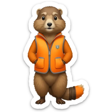 crea una marmota de cuerpo completo, que lleve un chaleco color naranja y que en el chaleco lleve el nombre (telamon) sticker