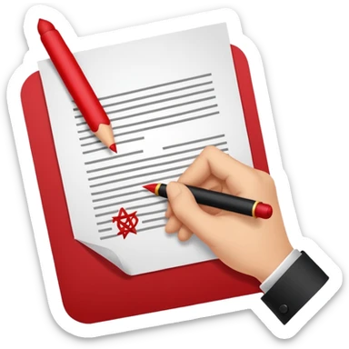 Minimalist emoji-style sticker of a hand signing a contract that says “YOUR SOUL” in bold letters, red ink, pentagram seal sticker