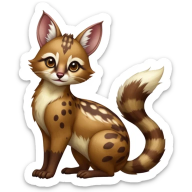 Colorful dark realistic chocolate-brown tropical beige fur glorious divine exotic cute cool beautiful shiny beautiful fantasy-Furret-caracal-civet-genet-sergal-vernid-Cacomistle-oncilla-animal-hybrid-fursona with white deer-spots pattern markings (full body) sticker