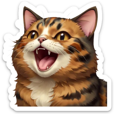 Cinematic Cute Yawning Tortoiseshell Cat Portrait Emoji, Head slightly tilted with a wide, adorable yawn and half-closed, dreamy eyes, featuring a warm, mottled fur of rich browns and blacks, simplified yet irresistibly cute, highly detailed, glowing with a soft, slumbering radiance, high shine, exuding a relaxed, drowsy charm, styled with a gentle, soft glowing outline, capturing the essence of a tortoiseshell cat in a precious moment of sleepy delight! sticker