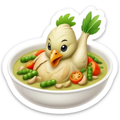 Cinematic Realistic Green Chicken Curry Dish Emoji, depicted with tender chicken simmered in a fragrant green curry sauce with vegetables rendered with rich textures and dynamic, vibrant lighting. sticker