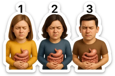 emoji stile iphone di 3 persone, due donne e un uomo, con intestino realistico e mal di pancia, sulle donne ci sono i numeri 1, 2 e sull'uomo il 3, iperrealistico 4k sticker