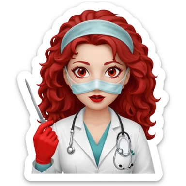Scary woman scalpel in hand, evil surgeon sexy surgeon clothes.  She has red eyes. Her  brown long curly hair. Wears sexy doctor outfit with red gloves. make her hair free and brown but have mouthy  wear  mask  to hide. Wears white surgeon jacket and  face under a veil sticker