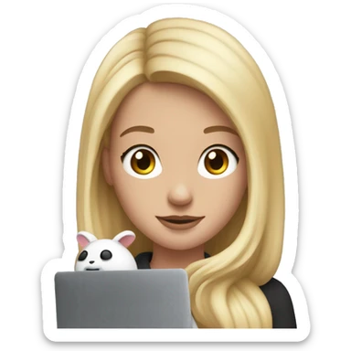 A blonde girl wearing airpods max and looking at a macbook sticker