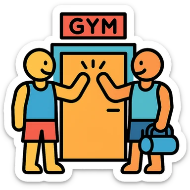 two gym buddies meeting at the gym entrance, minimal and recognizable, icon style, fitness theme sticker