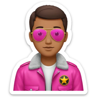 1980s man wearing reflective neon pink aviator sunglasses and a pilot jacket sticker